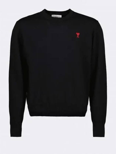 Heart Embroidered Logo Crew Neck Knit Top Black - AMI - BALAAN 2