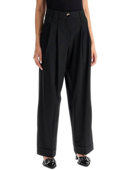 Drapey Melange Pleat Trousers Straight Pants Black - GANNI - BALAAN 2