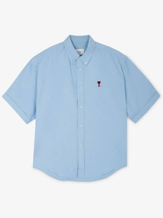 Men's Boxy Fit Embroidered Logo Short Sleeve Shirt Light Blue - AMI - BALAAN 3