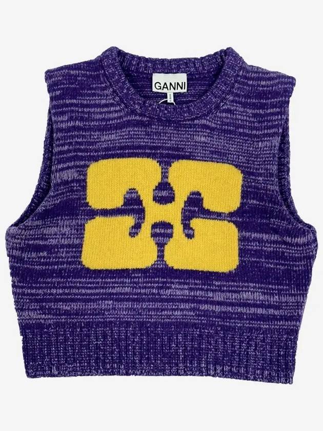 Logo Graphic Cropped Wool Vest Purple - GANNI - BALAAN 3