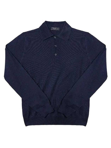 Men's Button Collar Wool Polo Knit Top Navy - PRADA - BALAAN 1