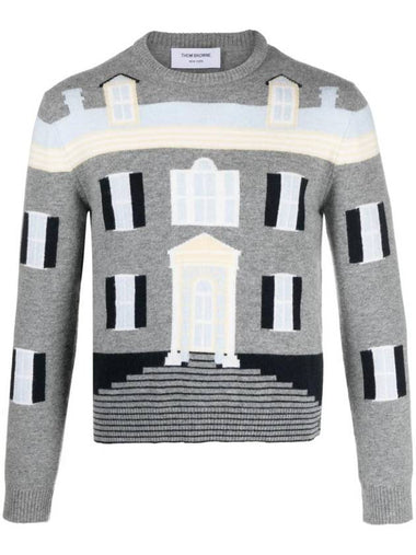 House Intarsia Wool Knit Top Light Grey - THOM BROWNE - BALAAN 1