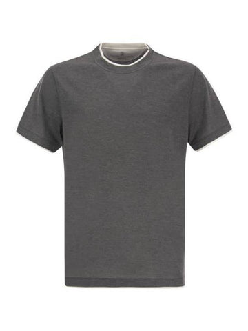 Double Layer Crew Neck Short Sleeve T-Shirt Grey - BRUNELLO CUCINELLI - BALAAN 1