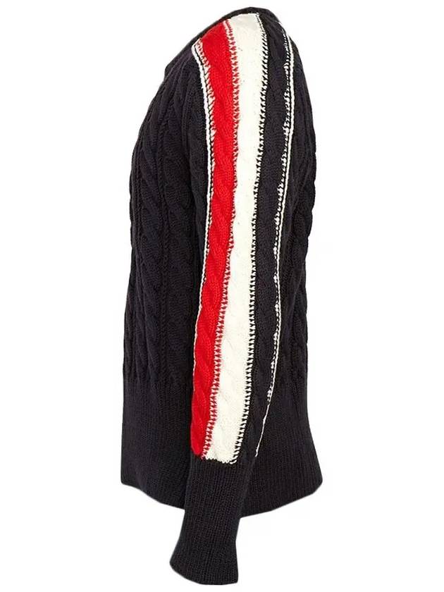 Men's Three Stripes Merino Wool Cable Knit Top Navy - THOM BROWNE - BALAAN 5