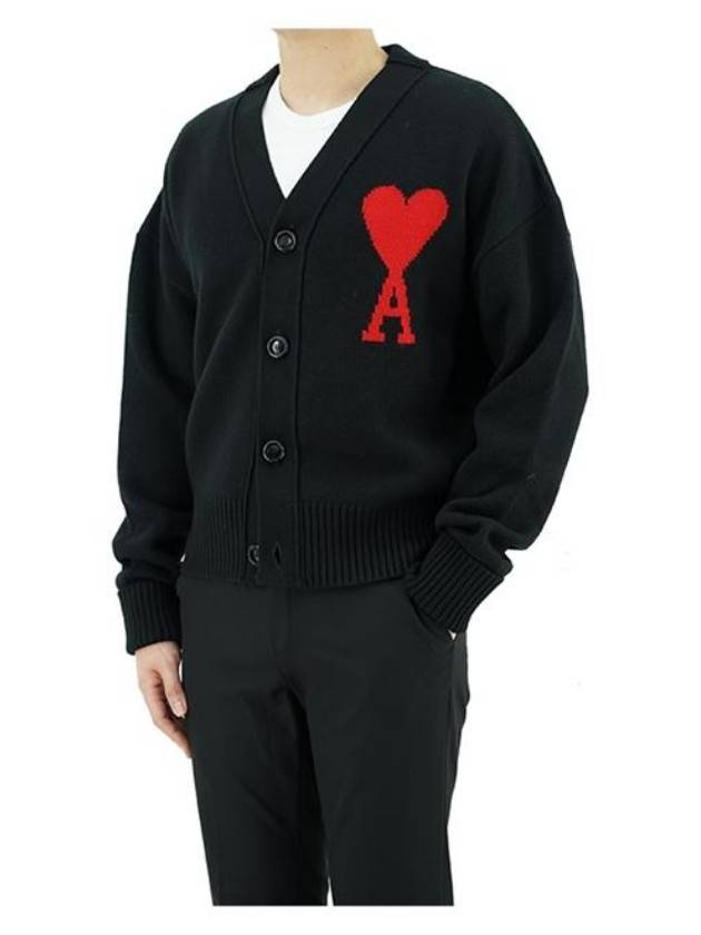 Intarsia Big Heart Logo Oversized Virgin Wool Cardigan Black - AMI - BALAAN 5