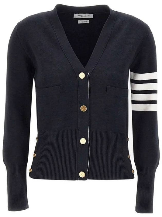 Milano Stitch 4 Bar Classic V Neck Fine Merino Wool Cardigan Navy - THOM BROWNE - BALAAN 2