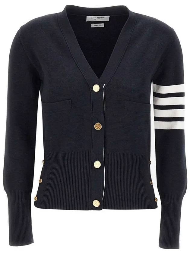 Milano Stitch 4 Bar Classic V Neck Fine Merino Wool Cardigan Navy - THOM BROWNE - BALAAN 2