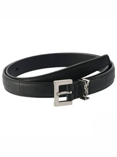 Men's Monogram Silver Buckle Leather Belt Black - SAINT LAURENT - BALAAN 2