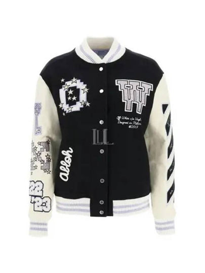 Women's Bling Patches Varsity Bomber Jacket Black - OFF WHITE - BALAAN 2