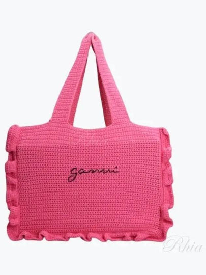 Women's Crochet Ruffle Embroidered Logo Cotton Tote Bag Shocking Pink - GANNI - BALAAN 2