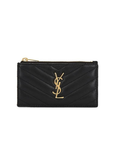 Monogram Logo Plaque Zip-Up Card Wallet Black - SAINT LAURENT - BALAAN 1