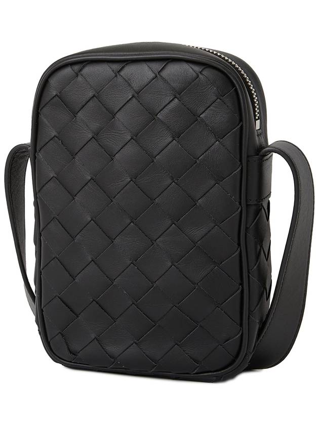 Men's Intrecciato Zippered Leather Mini Cross Bag Black - BOTTEGA VENETA - BALAAN.