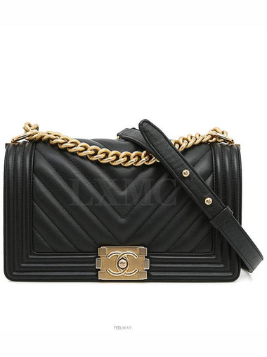 Classic Boy Bag Chevron Black Gold Chain Shoulder Flap - CHANEL - BALAAN 1