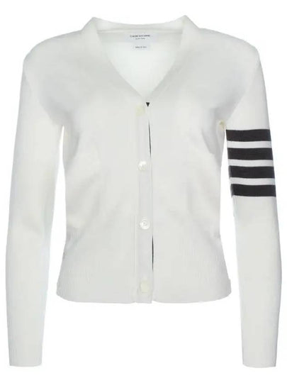 Milano Stitch 4 Bar Classic V Neck Fine Merino Wool Cardigan White - THOM BROWNE - BALAAN 2