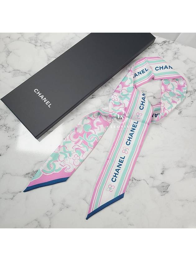 CC Logo Flower Pattern Print Silk Slim Bandeau Twilly Petite Scarf Pink AA8141 - CHANEL - BALAAN 3