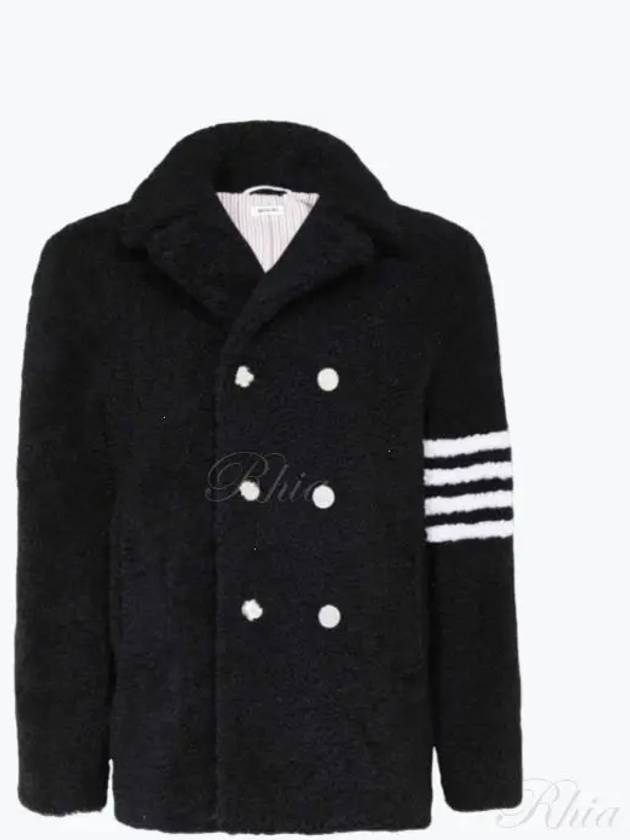 Men's 4 Bar Unconstructed Classic Shearling Pea Coat Black - THOM BROWNE - BALAAN 2