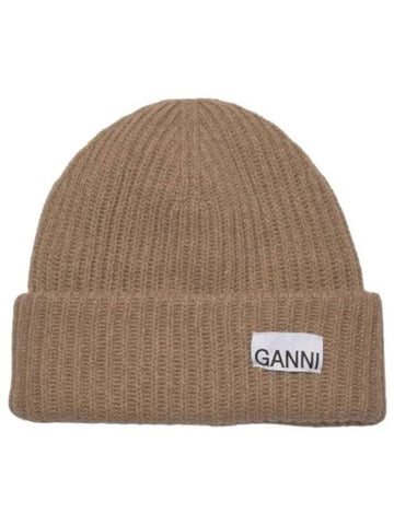 Logo Patch Ribbed Beanie Dark Beige Hat - GANNI - BALAAN 1