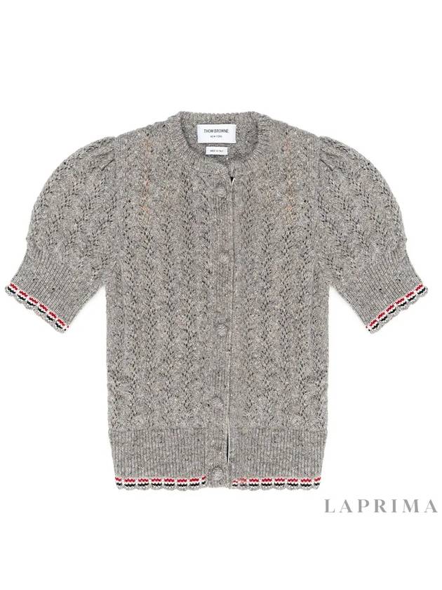 Cable Pointelle Striped Donegal Wool Short Sleeve Cardigan Light Grey - THOM BROWNE - BALAAN 2