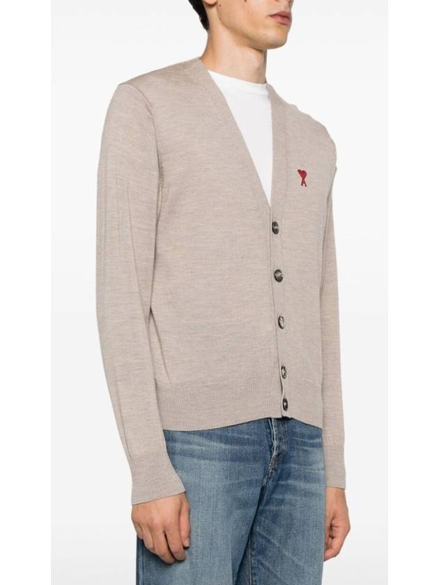 Red Heart Logo Merino Wool Cardigan Beige - AMI - BALAAN 3