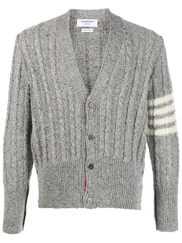 Donegal Twist Cable 4 Bar Classic V Neck Cardigan Light Grey - THOM BROWNE - BALAAN 6