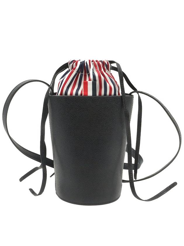 Black Grain Leather Striped Pebble Drawstring Mini Bucket Crossbody Bag FAP384A - THOM BROWNE - BALAAN 1