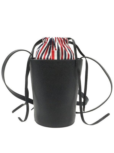 Black Grain Leather Striped Pebble Drawstring Mini Bucket Crossbody Bag FAP384A - THOM BROWNE - BALAAN 1