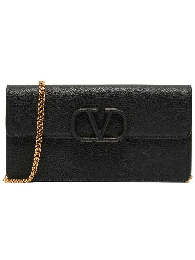 V Logo Signature Chain Grained Calfskin Long Wallet Black - VALENTINO - BALAAN 2