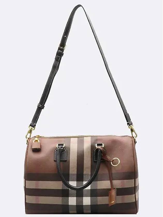 80523481 Checked dark brown leather bowling tote bag shoulder strap 2WAY - BURBERRY - BALAAN 4