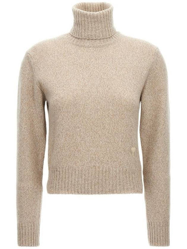 Embroidered Logo Cashmere Wool Turtleneck Beige - AMI - BALAAN 1