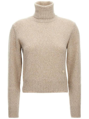 Embroidered Logo Cashmere Wool Turtleneck Beige - AMI - BALAAN 1