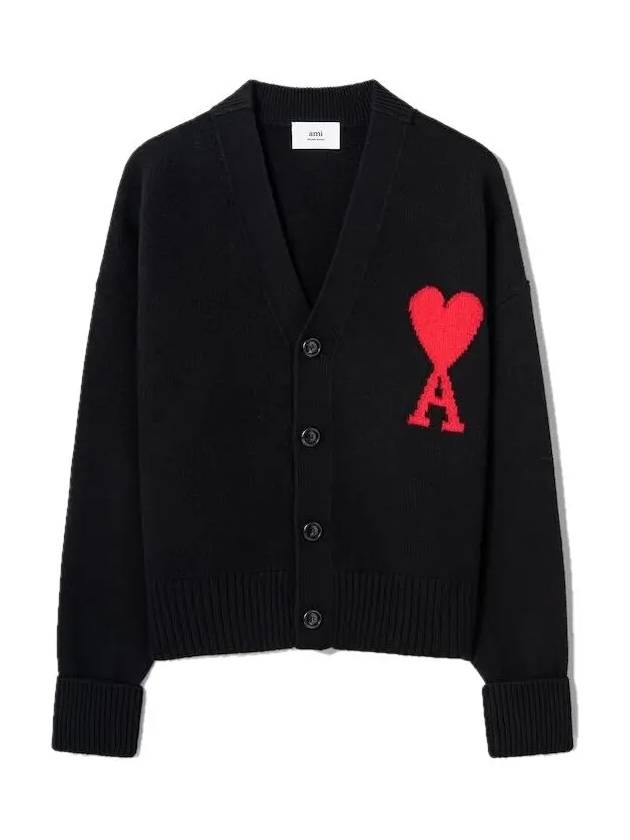 Intarsia Big Heart Logo Oversized Virgin Wool Cardigan Black - AMI - BALAAN 2