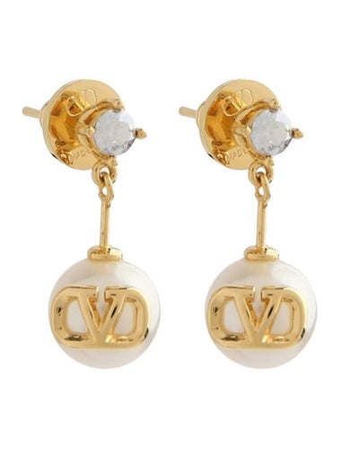 V Logo Crystal Pearl Earrings Gold - VALENTINO - BALAAN 1