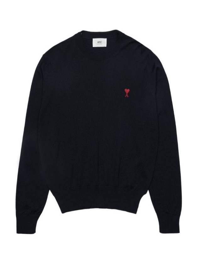 Heart Embroidered Logo Crew Neck Knit Top Navy - AMI - BALAAN 4