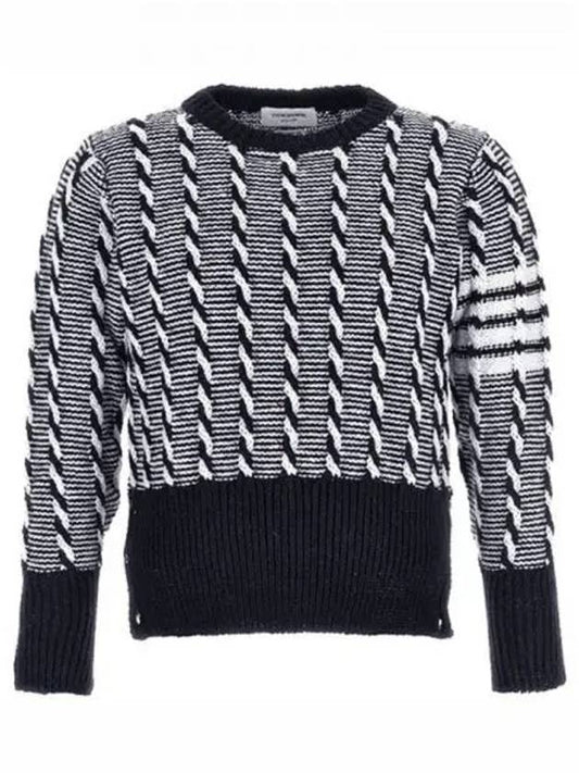 Bicolor Twist Cable 4 Bar Crew Neck Knit Top Navy - THOM BROWNE - BALAAN 2