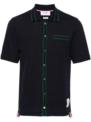 Pointelle Striped Racking Stitch Cotton Short Sleeve Shirt Navy - THOM BROWNE - BALAAN 1