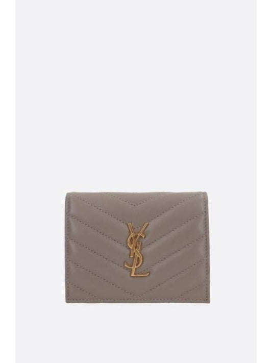 Casandra Matelasse Quilted Lambskin Flap Card Wallet Grey - SAINT LAURENT - BALAAN 1