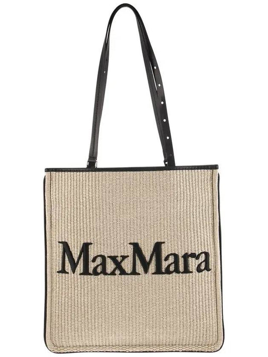 Embroidered Logo Raffia Tote Bag Beige Black - MAX MARA - BALAAN 1