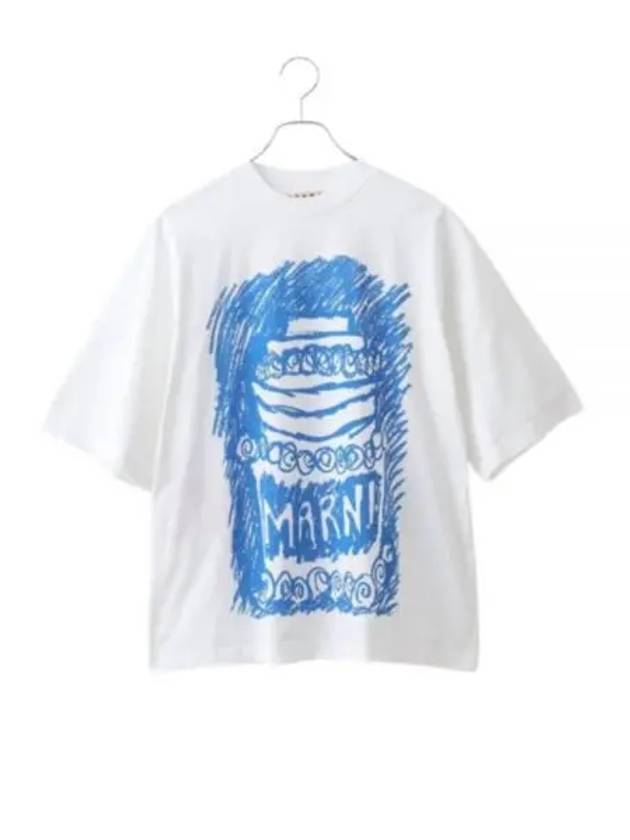 Illustrated Print Short Sleeve T-Shirt White Blue - MARNI - BALAAN 2