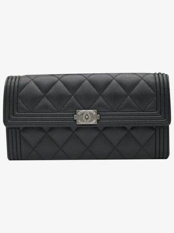 Classic Boy Snap Long Wallet Caviar Black Silver A80286 - CHANEL - BALAAN 1