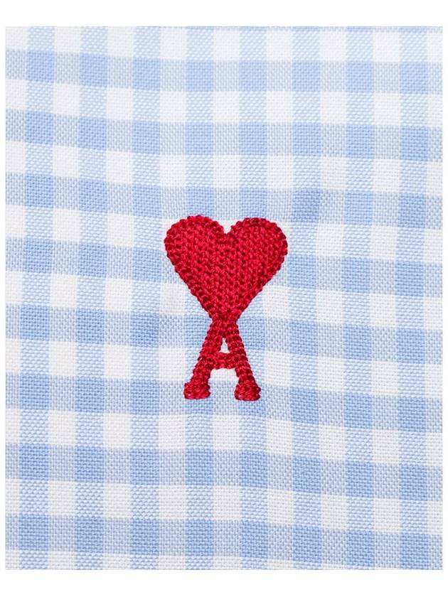 Small Heart Logo Gingham Button Long Sleeves Shirt Sky Blue - AMI - BALAAN 6