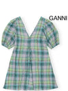 Check V Neck Seersucker Short Dress Green - GANNI - BALAAN 3