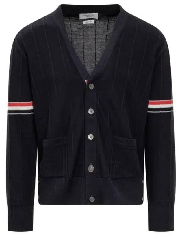 RWB V-neck Striped Virgin Wool Cardigan Navy - THOM BROWNE - BALAAN 2