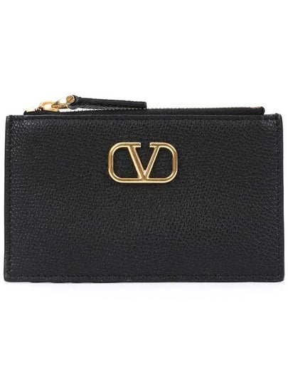 V Logo Signature Leather Card Wallet Black - VALENTINO - BALAAN 2