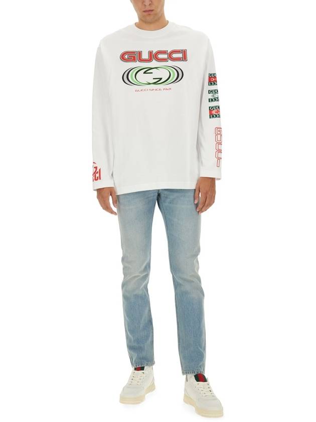 Printed Cotton Jersey Long Sleeve T Shirt White - GUCCI - BALAAN 3