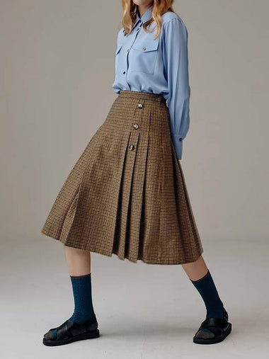 Wool Check Pleated Skirt Brown - VOYONN - BALAAN 1