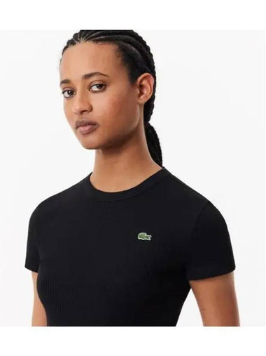 Women s Rib Tissue Slim Fit Short Sleeve T Shirt Black - LACOSTE - BALAAN 1