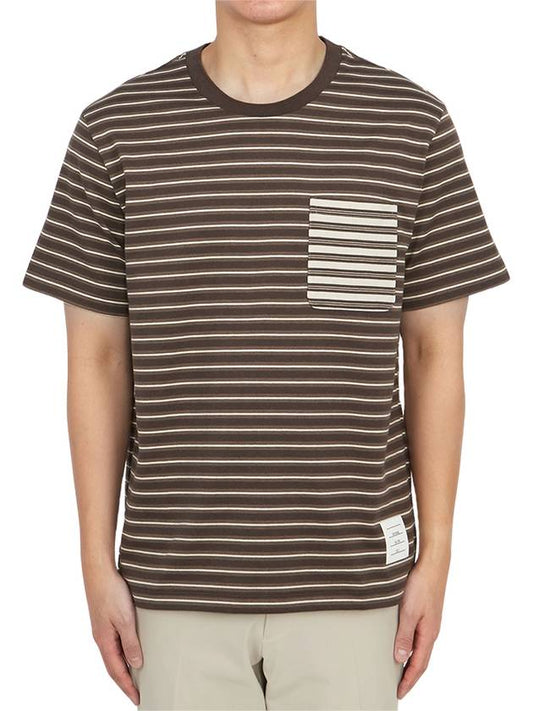 Men's Striped Cotton Short Sleeve T-Shirt Brown - THOM BROWNE - BALAAN 2