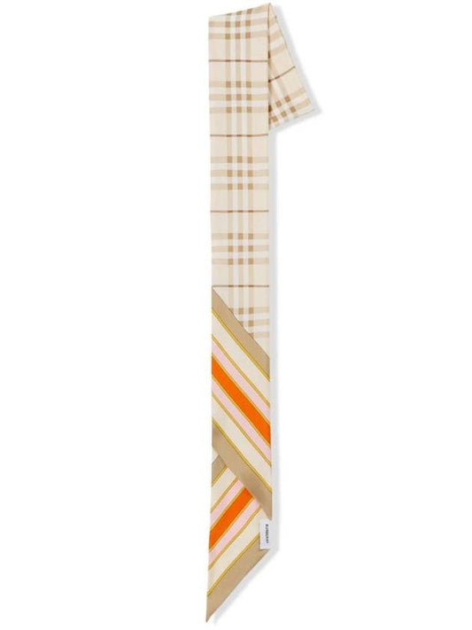 Check Print Silk Skinny Scarf White Carrot Orange - BURBERRY - BALAAN.