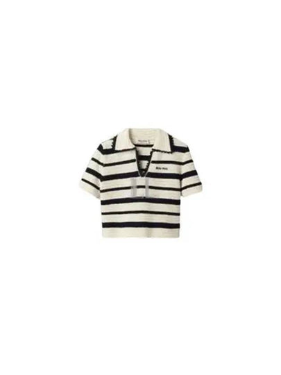 Logo Open Collar Striped Short Sleeve Knit Top White Blue - MIU MIU - BALAAN 2