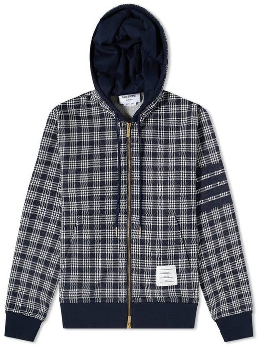 Men's Micro Check Jacquard Hooded Zip-Up Navy - THOM BROWNE - BALAAN.